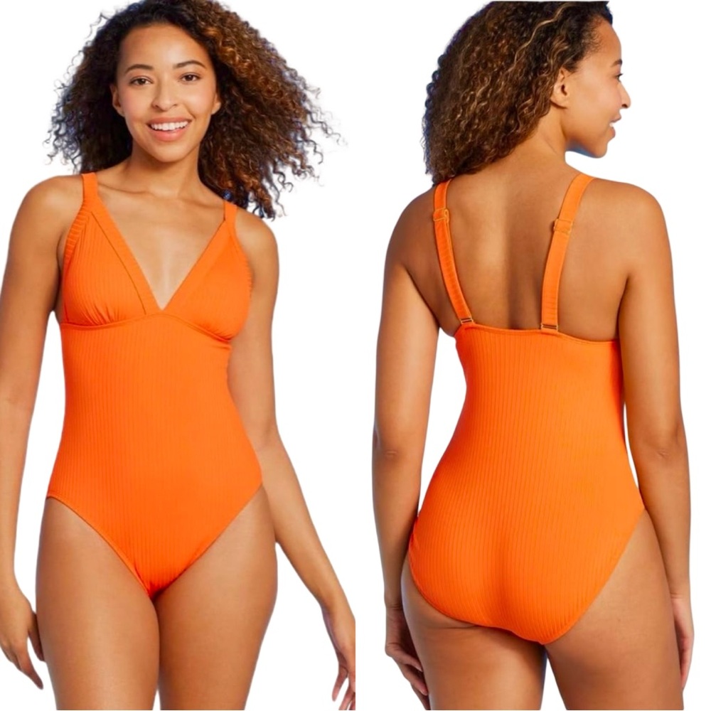 Shade & Shore NWT Women's Orange Rib Triangle One Piece Swimsuit Size Medium